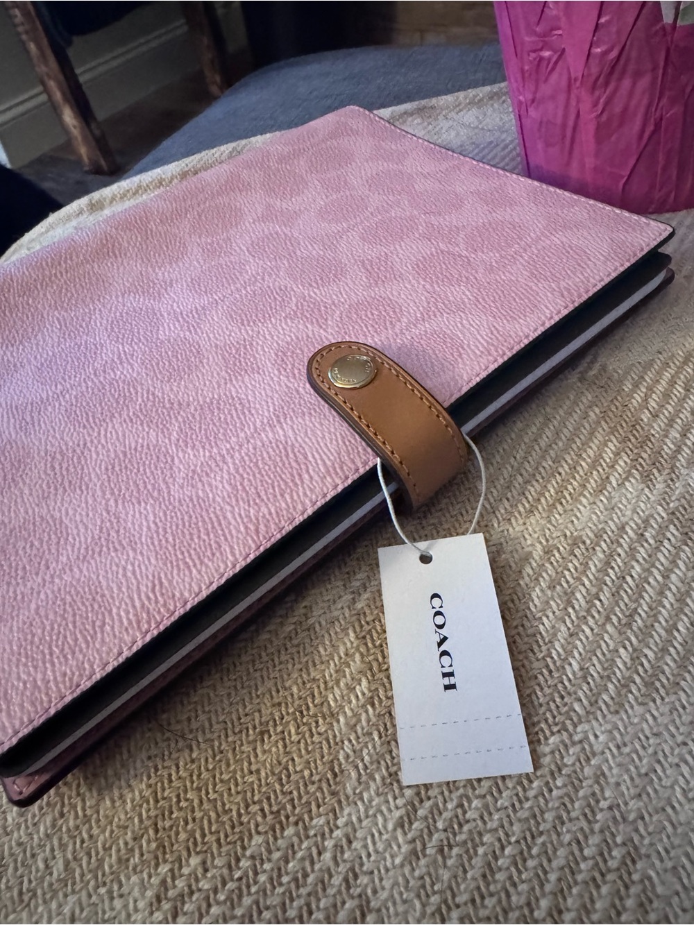 Coach Pink Leather Notebook Organizer with Tan Snap Strap